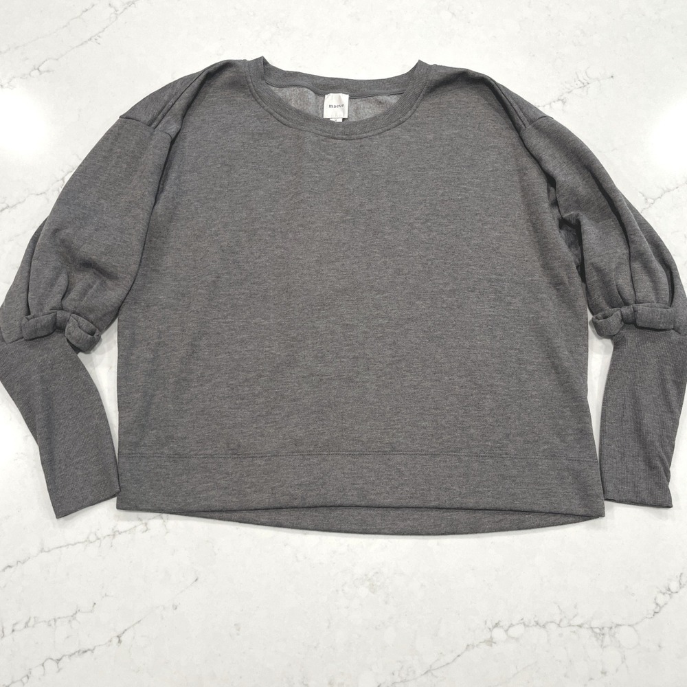 Maeve Anthropologie Sweatshirt Womens Medium Gray Puff Sleeve Bow Crew Neck